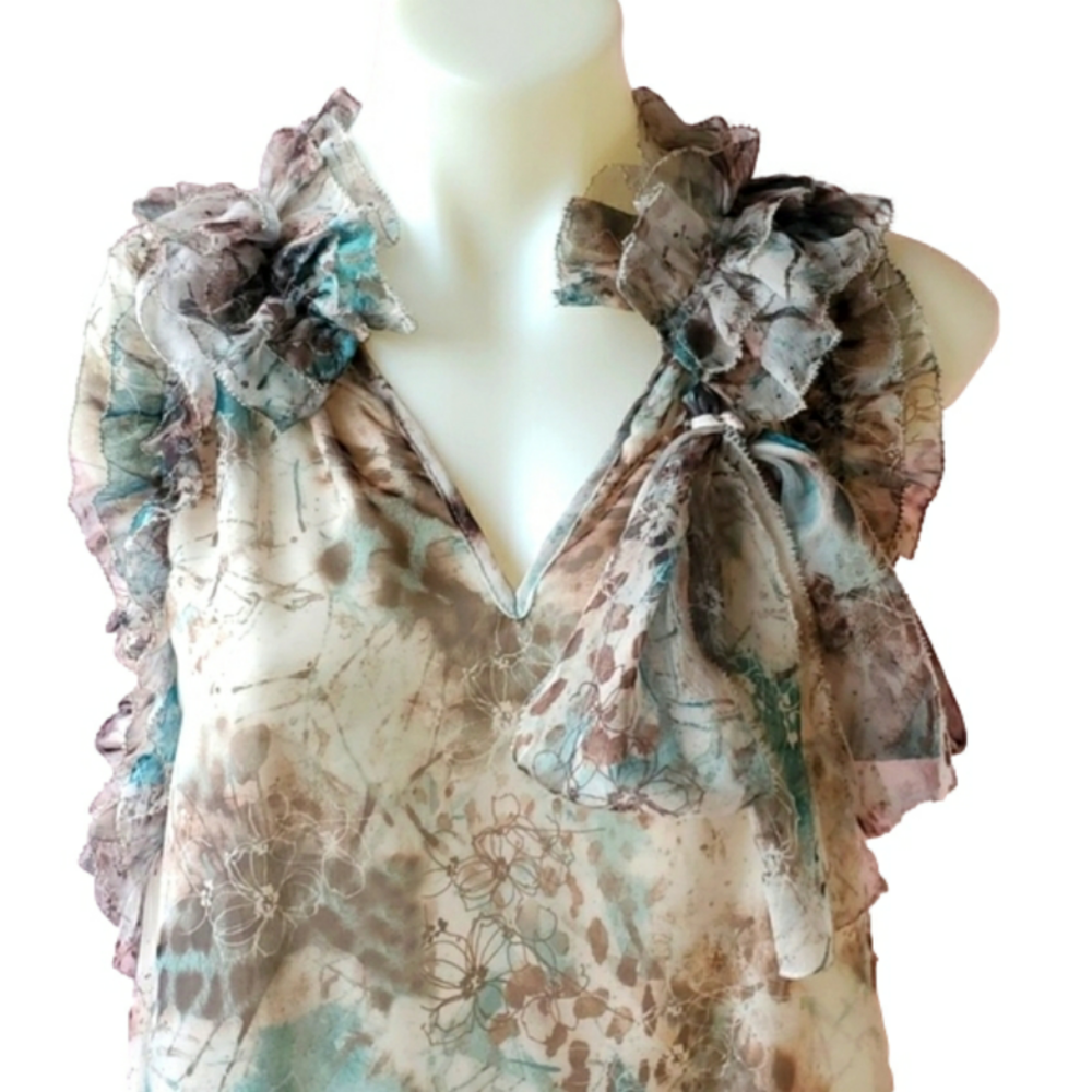 Spring summer sheer Embroidered Floral Ruffle ruched collar sleeveless blouse